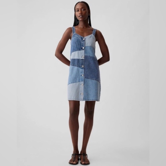 NWT Gap Pieced Patchwork Blue Jean Denim Mini Dress / Jumper Women’s Medium-Tall - Picture 3 of 9